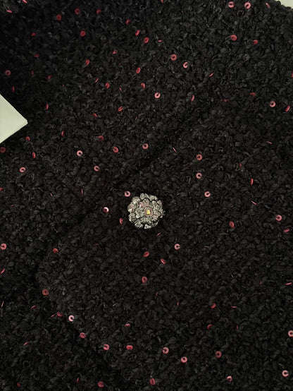 Chanel 25a Black Tweed Rose Pink Sequined Dress