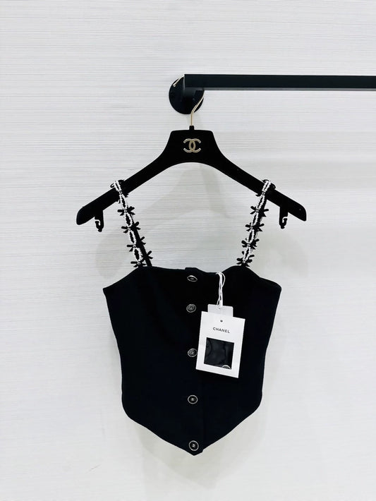 Chanel 25b black top with pearls bow