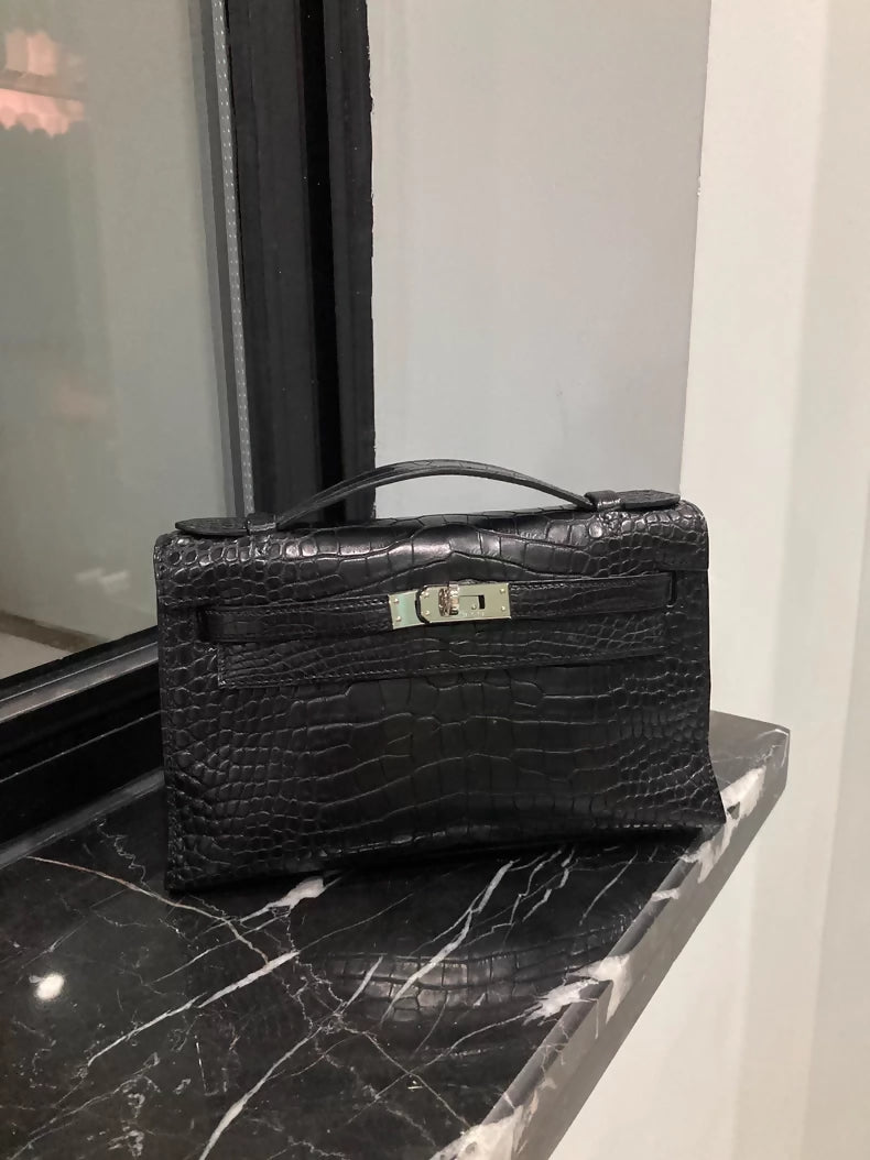 vintage Hermes kelly pochette Black Matte Alligator palladium hardwrae