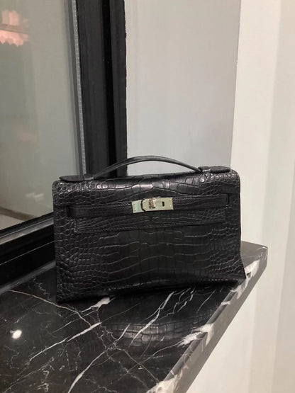 vintage Hermes kelly pochette Black Matte Alligator palladium hardwrae