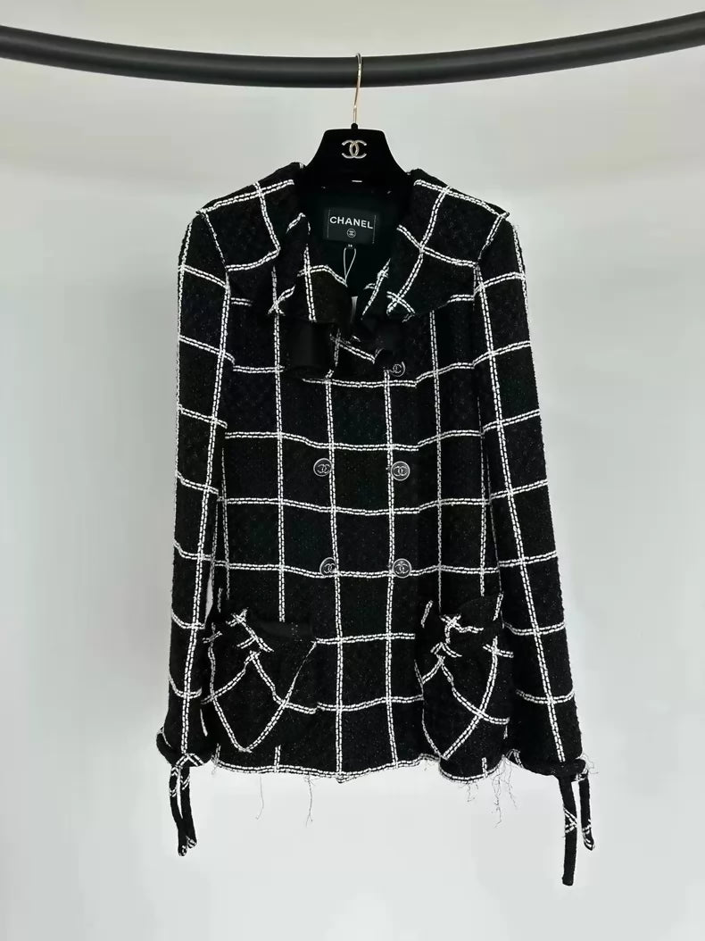 Chanel Black and White Check Ruffle Collar Sparkling Jacket