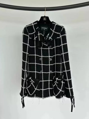 Chanel Black and White Check Ruffle Collar Sparkling Jacket