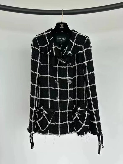 Chanel Black and White Check Ruffle Collar Sparkling Jacket