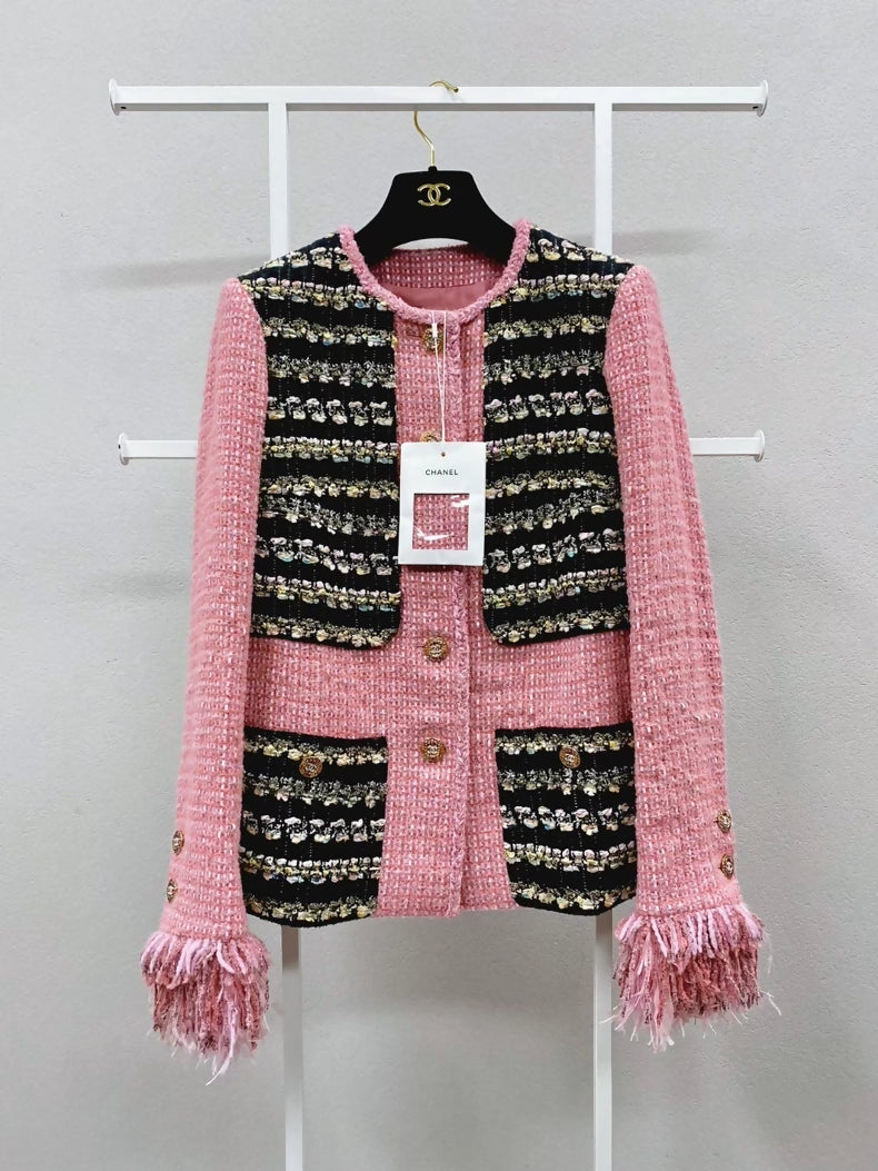 Chanel 22A pink and black mixed-color woven feather tassel jacket