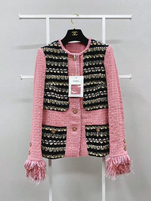 Chanel 22A pink and black mixed-color woven feather tassel jacket