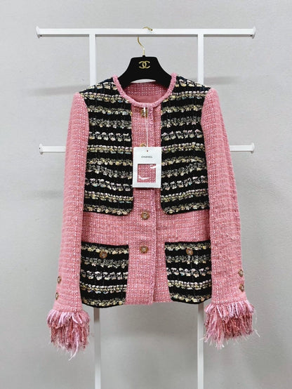 Chanel 22A pink and black mixed-color woven feather tassel jacket