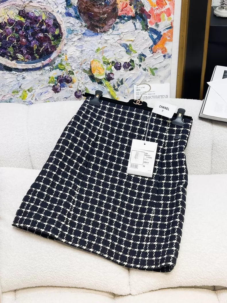 Chanel 18A blue and white checked midi skirt