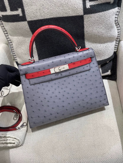 Hermes Kelly 28 grey/red ostrich leather palladium hardware