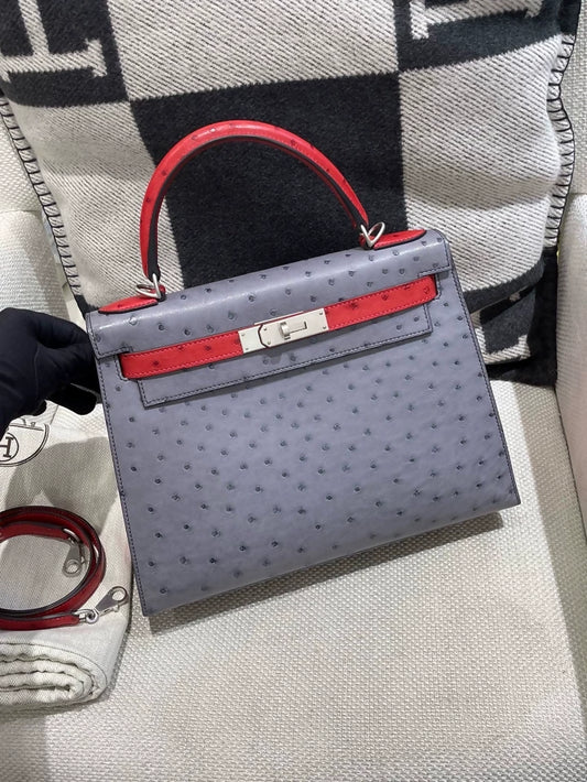 Hermes Kelly 28 grey/red ostrich leather palladium hardware