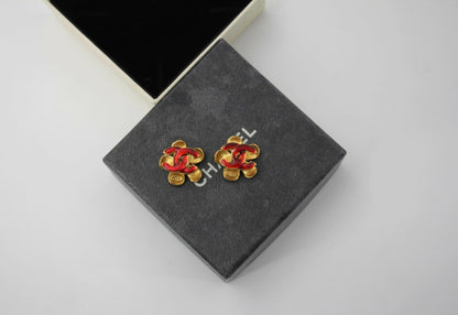 Chanel Vintage 03P Enamel Gold and Red Floral Stacked Stud Earrings