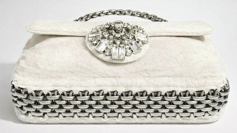 Ultra Rare Chanel 08A Huge Swarovski CC White Pony Classic Medium