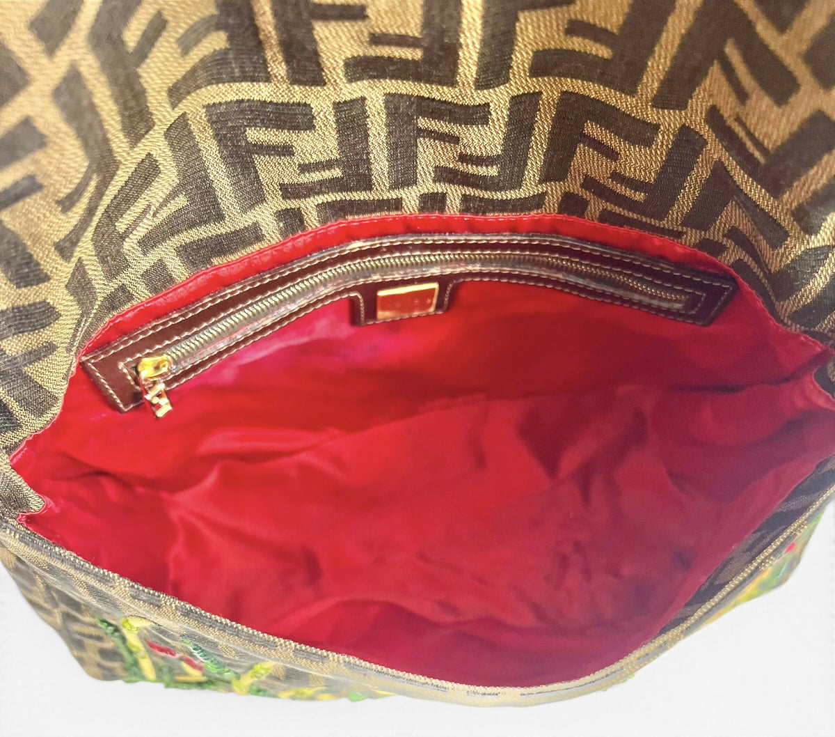 FENDI Garden Floral Embroidered Beaded Pony Hair Zucca FF Mamma Baguette Bag