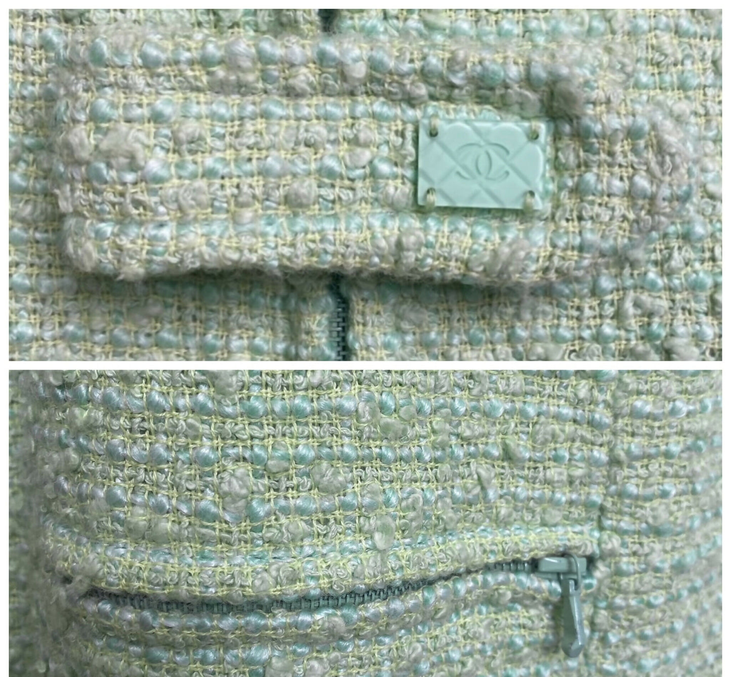 Chanel 04C Mint Green Tweed Boucle Zippered Appliqués Jacket FR 42
