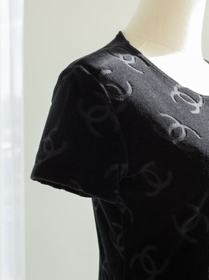 chanel vintage spring 1996 black logo cc velour 96p mini dress 7