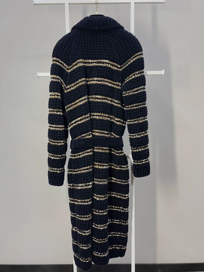 Chanel 20P Black and Gold Long Coat with Belt
