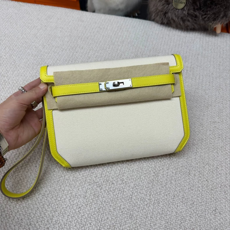 Hermes Kelly Depeches 25 Canvas and yellow Leather Palladium Hardware