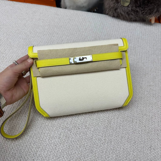 Hermes Kelly Depeches 25 Canvas and yellow Leather Palladium Hardware