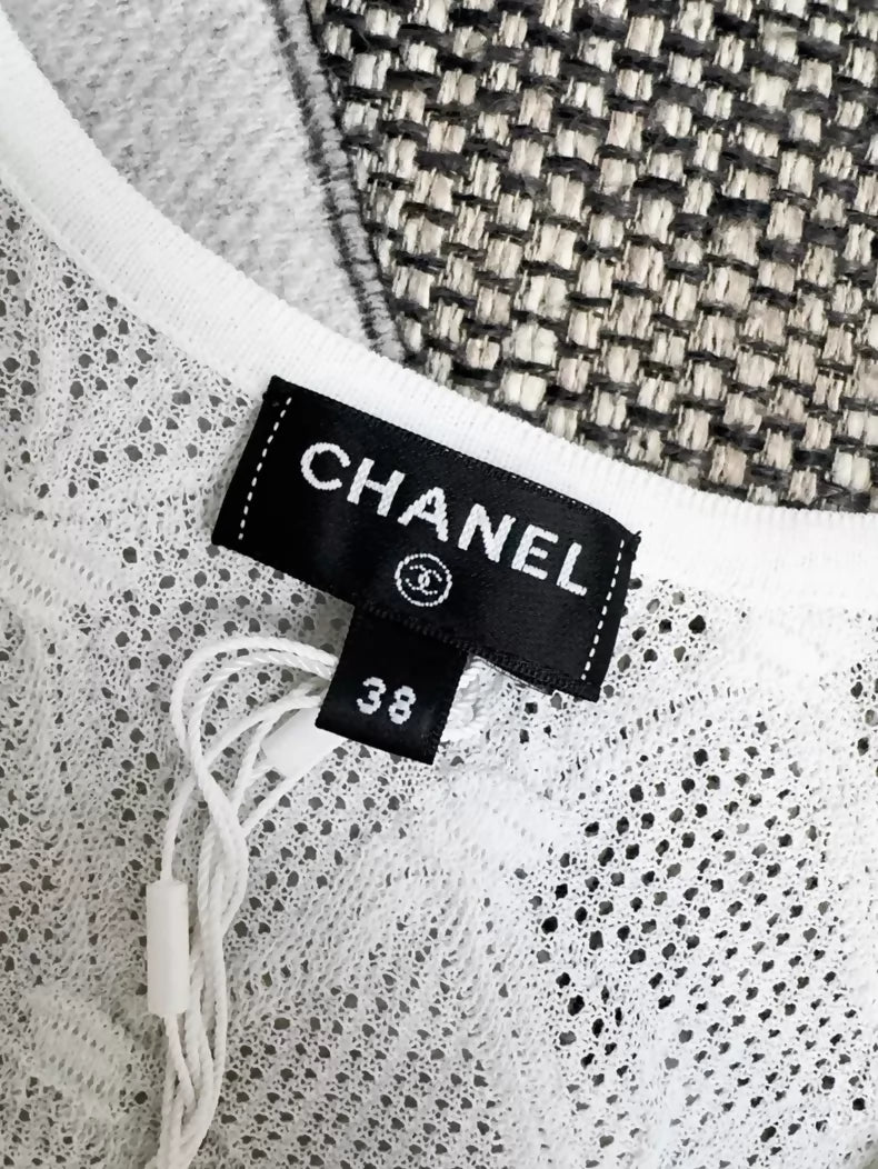 Chanel 24S white lace quilted black belted knit dress