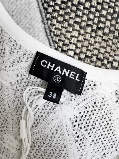 Chanel 24S white lace quilted black belted knit dress