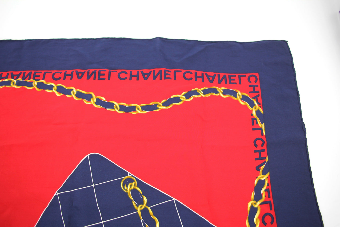 Chanel 100% Silk Navy Red Bag Pattern Scarf
