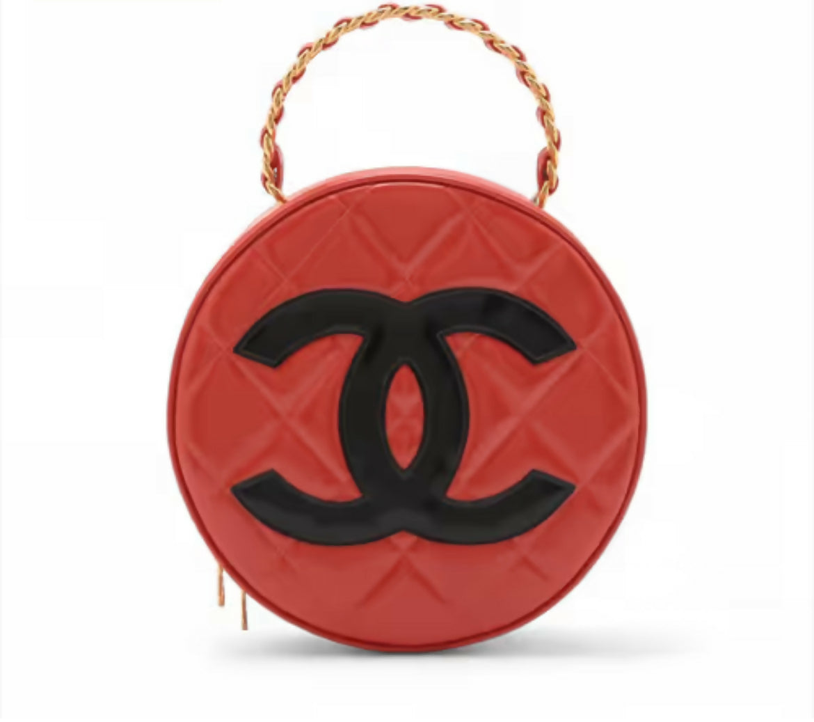 Chanel Vintage Coco Mark Patent Leather Red Round Red Vanity Handbag with Gold Hardware