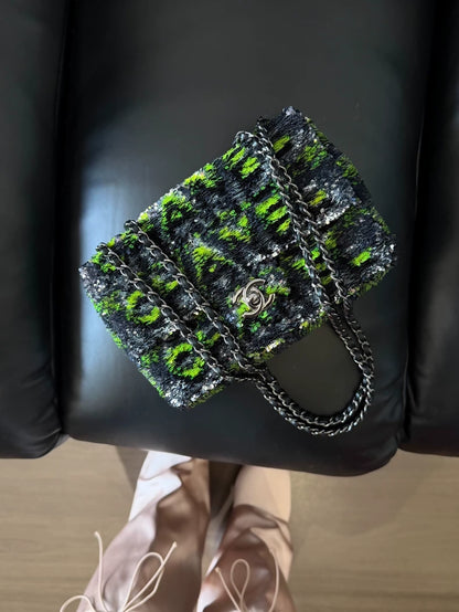 Mini Chanel CF bag with gradient neon green lettering and sequins