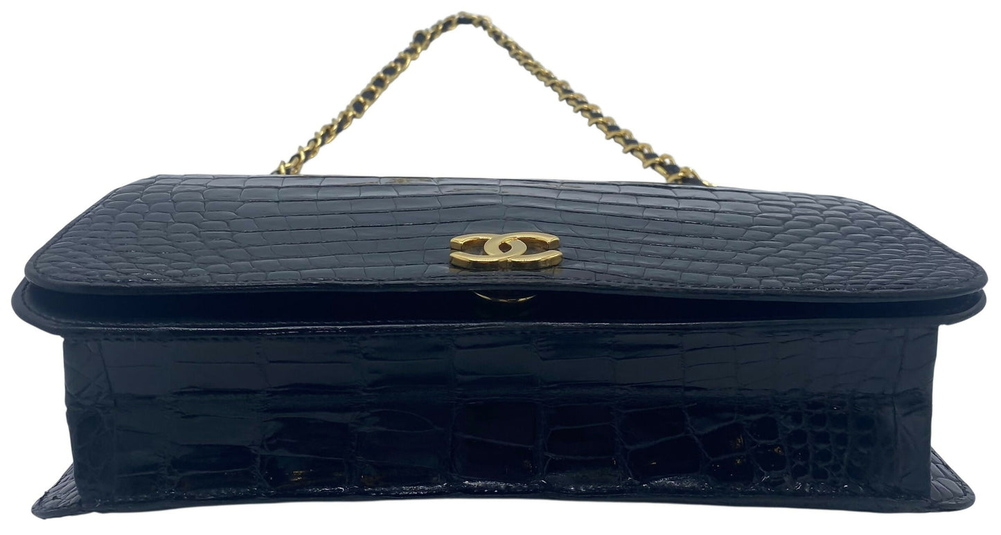 RARE Vintage 1984 Chanel Black Croc Flap Bag 24K Gold Hardware