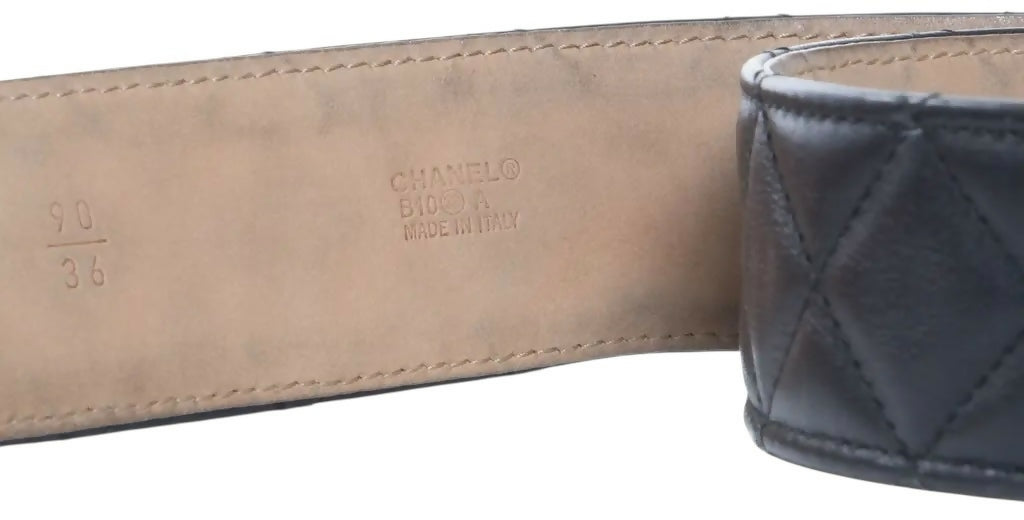 Chanel 10A Black Quilted Lambskin Ruthenium Silver CC Logo Belt 90/36