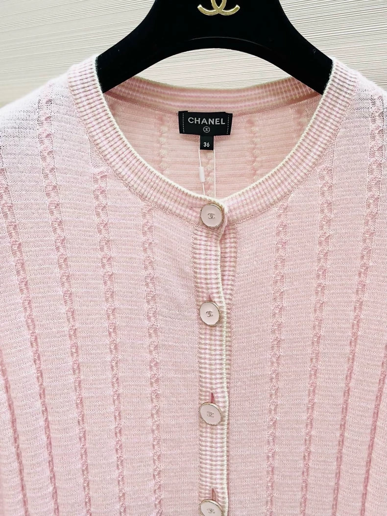 Chanel 25B Pink Cashmere Knit Cardigan with Feather Cuffs