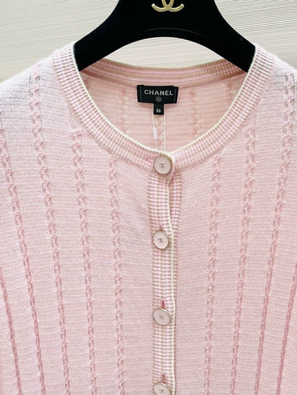 Chanel 25B Pink Cashmere Knit Cardigan with Feather Cuffs