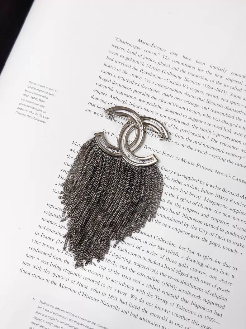Chanel 16K Silver Full Diamond Double C Tassel Brooch