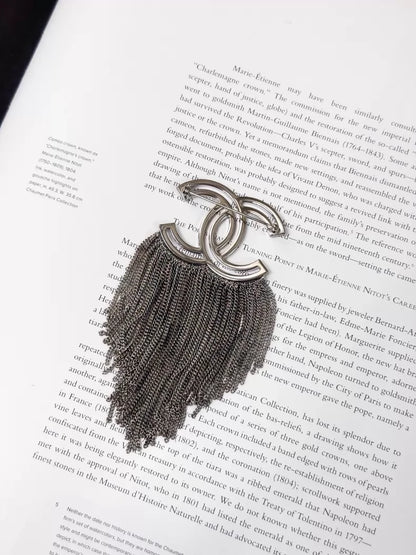 Chanel 16K Silver Full Diamond Double C Tassel Brooch