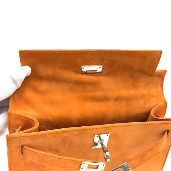 Hermes Mini Kelly Pochettes Orange Suede with palladium hardware