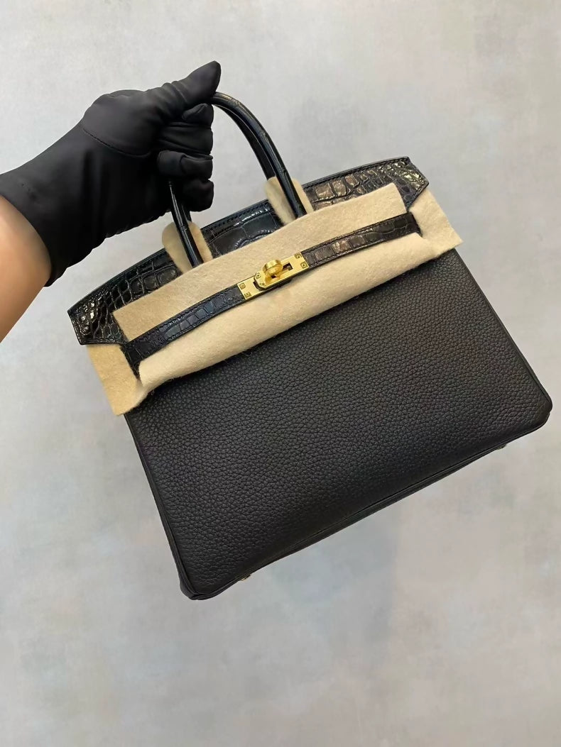 Hermes Birkin touch 25 Black Togo & Matte Alligator Leather with gold hardware