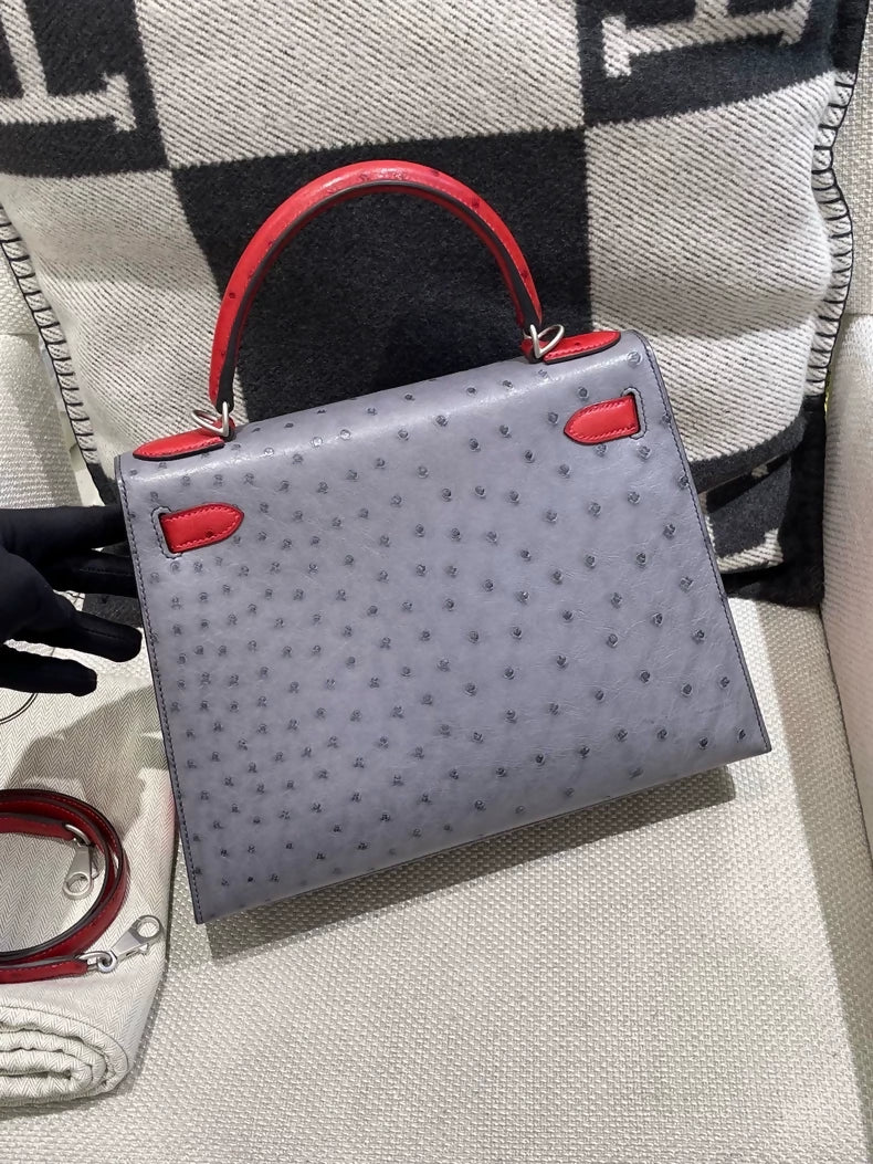 Hermes Kelly 28 grey/red ostrich leather palladium hardware