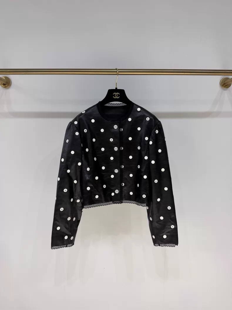 Chanel 23S Black Lace Polka Dot Double C Leather Jacket