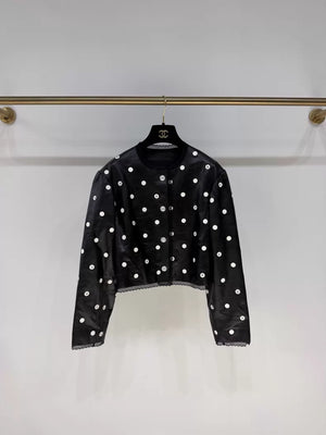 Chanel 23S Black Lace Polka Dot Double C Leather Jacket