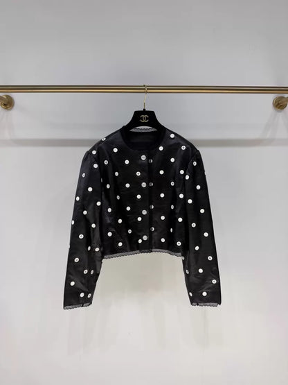 Chanel 23S Black Lace Polka Dot Double C Leather Jacket