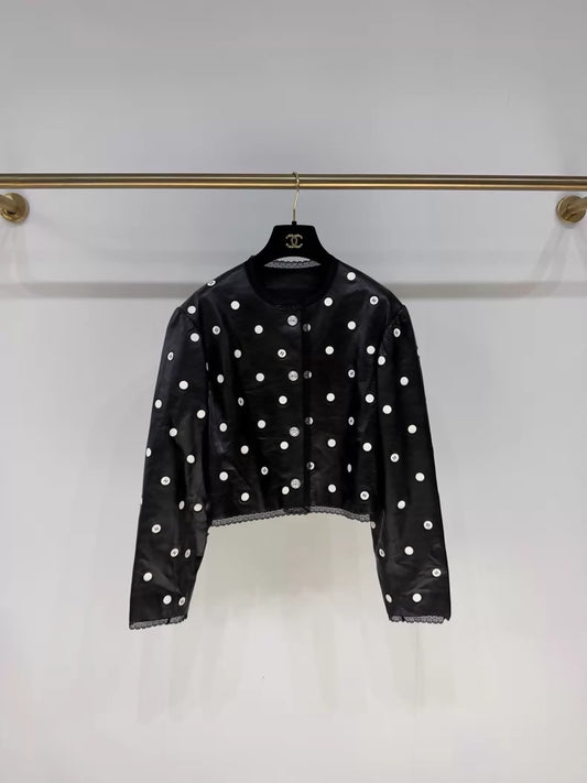 Chanel 23S Black Lace Polka Dot Double C Leather Jacket