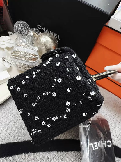 Chanel 23K black tweed camellia sequined long box ba