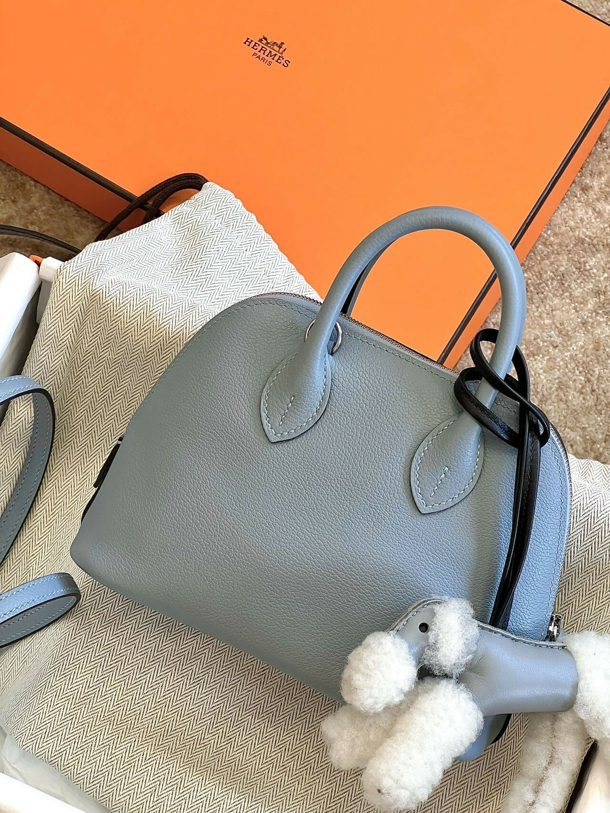 Hermès Mini Bolide Bleuté / Flax Blue Epsom Leather with Palladium Hardware K Stamp