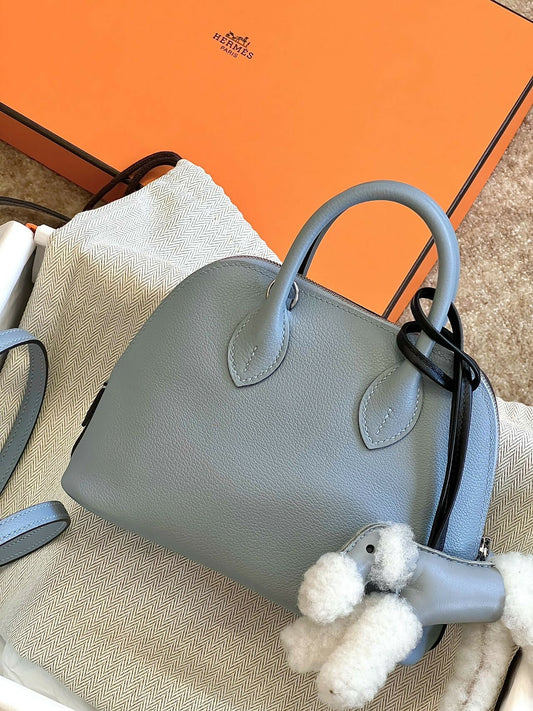 Hermès Mini Bolide Bleuté / Flax Blue Epsom Leather with Palladium Hardware K Stamp