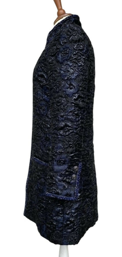 Chanel 16A Paris Rome Black Navy Metallic Camellia Jacquard Braid Long Coat Jacket FR 38