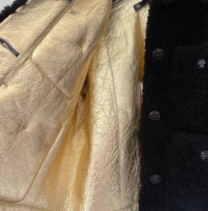 Chanel 22B Black shearling Jacket with Gold Leather Lining