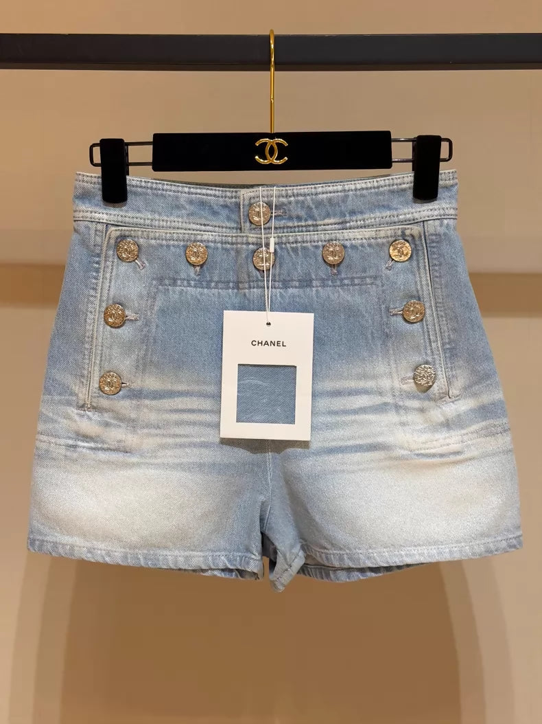 Chanel 24M light blue denim shorts