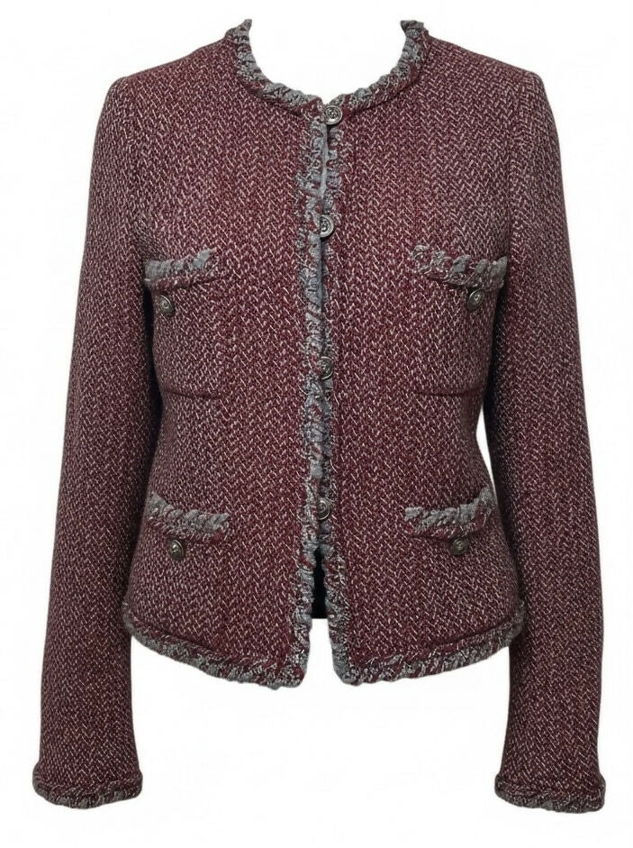 CHANEL 08A BURGUNDY GREY BRAIDED TRIM TWEED JACKET BLAZER FR 38