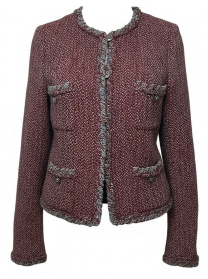 CHANEL 08A BURGUNDY GREY BRAIDED TRIM TWEED JACKET BLAZER FR 38