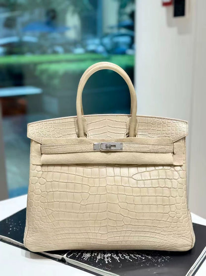 Hermes Birkin 35 wool white matte alligator leather Palladium hardware