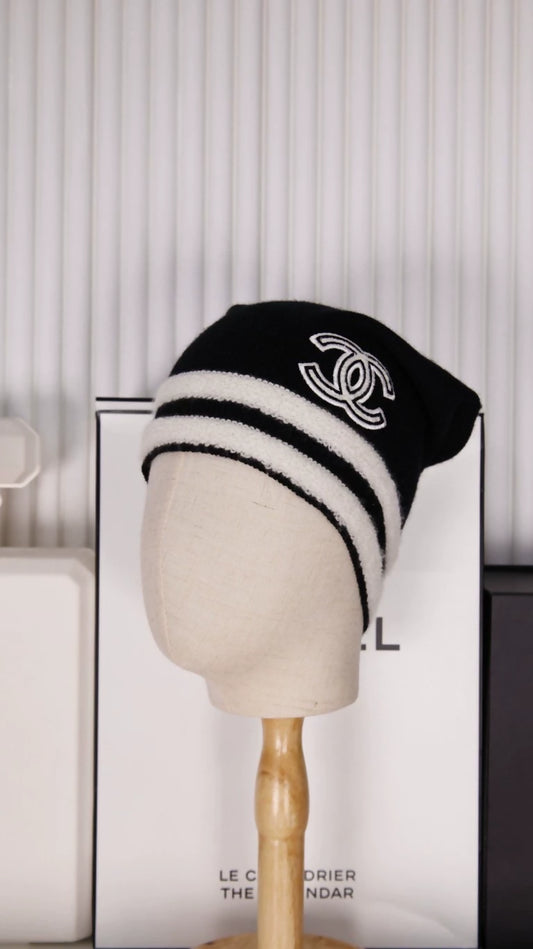 Chanel Black and White Striped CC Cashmere  Beanie