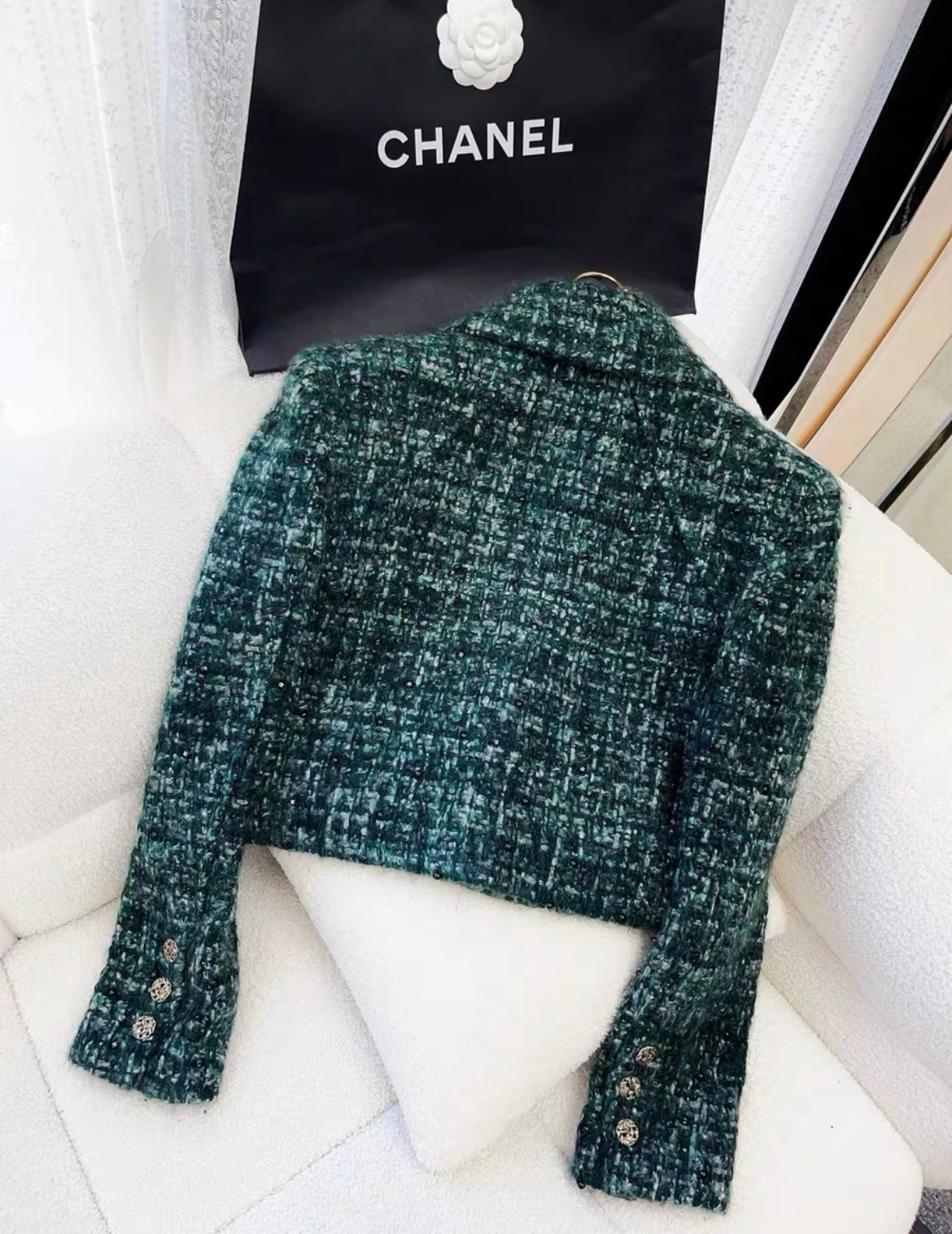 Chanel 18k Green, Black, Ecru, Cashmere Tweed Jacket size 38